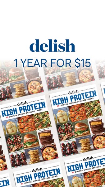 The ad promotes a subscription to Delish magazine for $15 a year. The image has multiple copies of the Delish 'High 