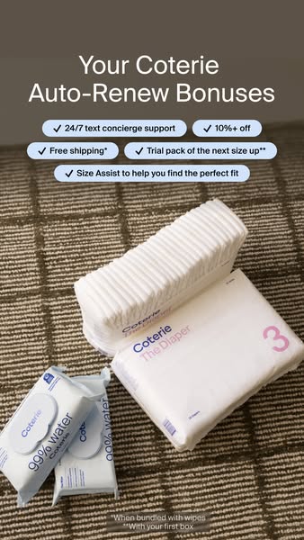 This in-feed image ad promotes Coterie's auto-renew program by highlighting bonuses like 24/7 text support, discount