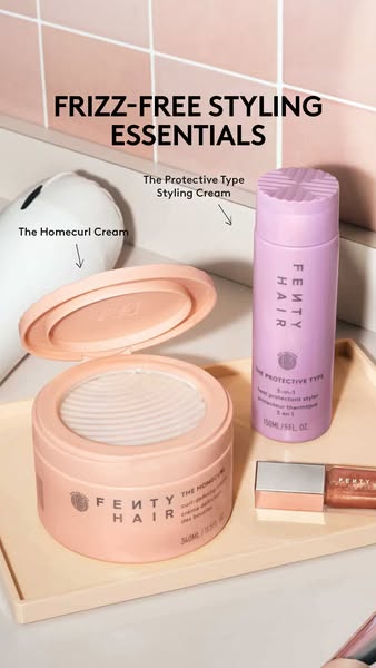 This ad promotes Fenty Hair's styling essentials, specifically highlighting The Homecurl Cream and The Protective Ty