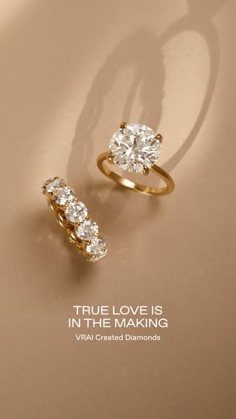 An image showcasing a gold ring with a large, round diamond and a gold band with smaller, round diamonds. The rings are 