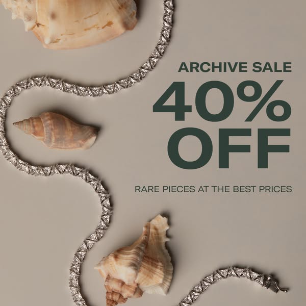 This image ad for an archive sale features a diamond tennis necklace, alongside seashells. The ad emphasizes the rarity 