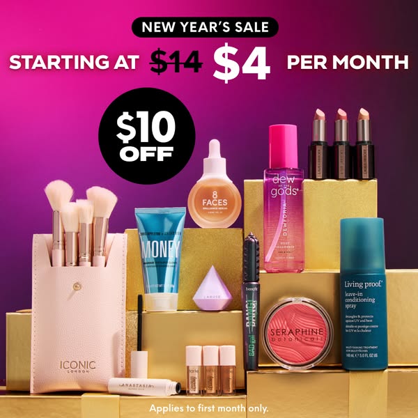This ad showcases a variety of beauty and skincare products available as part of a New Year's sale. The ad highlight