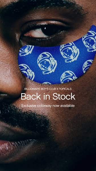 This ad features a close up of someone wearing an eye mask that is branded with the Billionaire Boys Club logo. The ad c