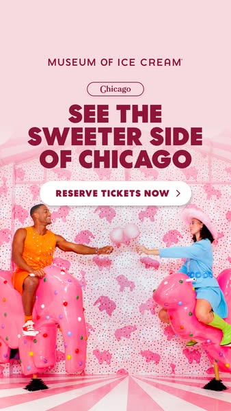 This ad for Museum of Ice Cream in Chicago features two people riding inflatable horses. The ad prompts users to reserve