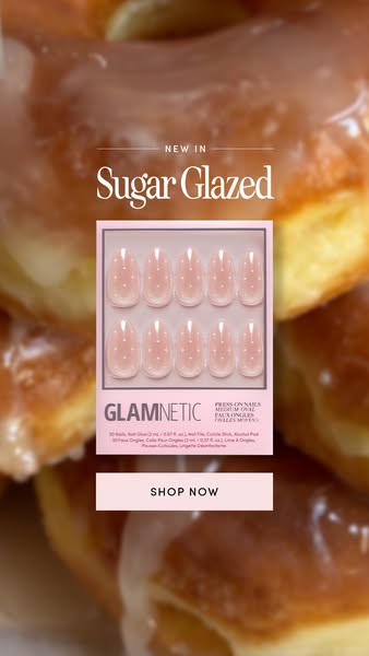 This ad showcases Glamnetic's 'Sugar Glazed' press-on nails against a background of glazed donuts, creating 