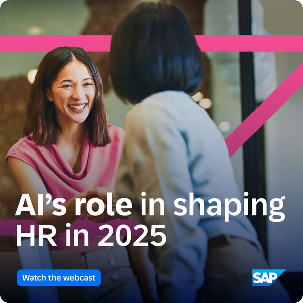 This image ad promotes an SAP webcast discussing the role of AI in shaping HR in 2025. It features a photo of two women 