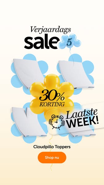 This ad promotes Cloudpillo mattress toppers. The ad features a whimsical design incorporating the brand's anniversa