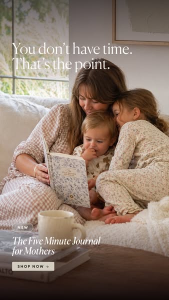 This ad features a mother reading a book with her children. The book being featured is the Five Minute Journal for Mothe