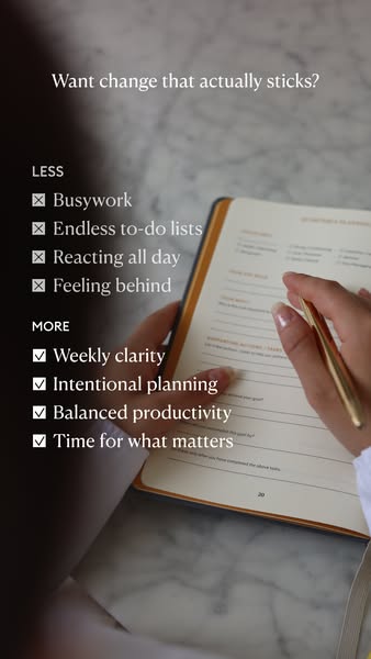 This ad promotes a planning system and highlights the key aspects of less busywork, endless to-do lists, reacting all da