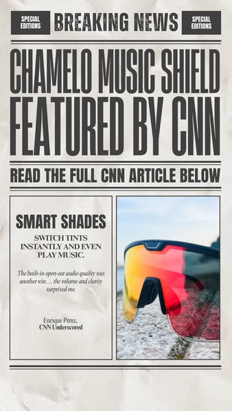 This ad is designed to look like a news article from CNN, featuring Chamelo Music Shield smart shades. It highlights the