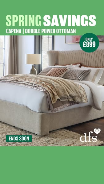 Ad for dfs featuring their Capena Double Power Ottoman. The ad highlights Spring Savings with a limited-time offer.