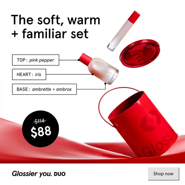 This ad showcases the Glossier You. Duo fragrance set and highlights the soft, warm, and familiar scents. The ad promote