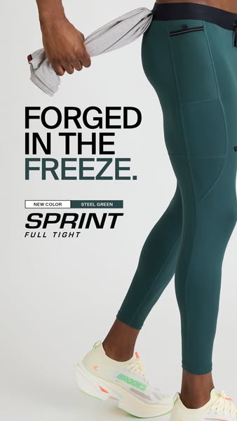 This ad for Brooks Running promotes their Sprint Full Tight leggings in a new Steel Green colorway. The ad showcases the