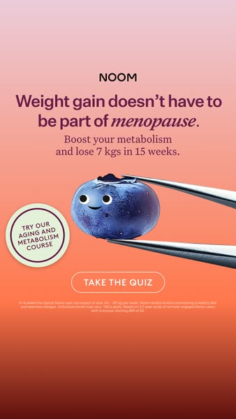 The ad promotes Noom's aging and metabolism course. It targets women experiencing menopause and weight gain and prom