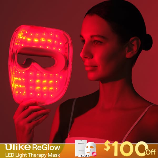 An ad for the Ulike ReGlow LED Light Therapy Mask featuring a $100 off offer and free gift with purchase.