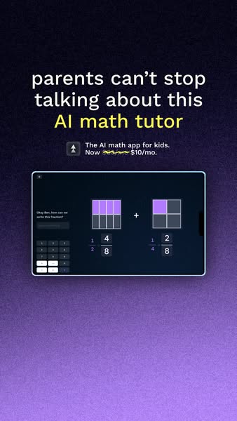 This single image ad promotes an AI math tutor for kids that parents can't stop talking about. It features an image 