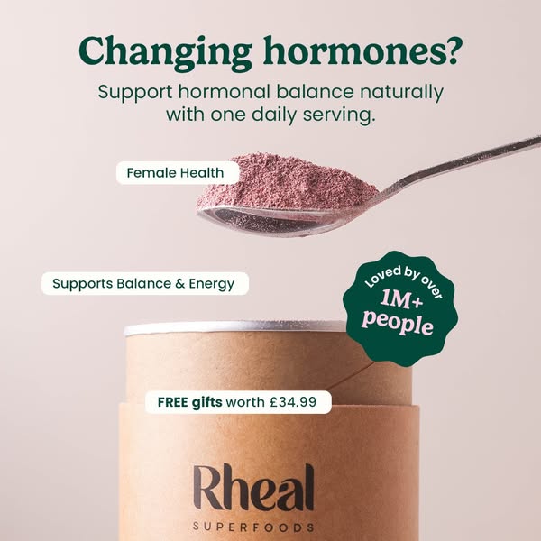 This ad promotes Rheal Superfoods, highlighting its ability to support hormonal balance naturally with one daily serving