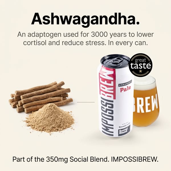 This ad highlights a key ingredient, Ashwagandha, found in every can of Impossibrew. The ad emphasizes the adaptogen'