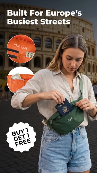 This image ad promotes a brand of travel bags or accessories that are designed to protect travel documents. The ad featu