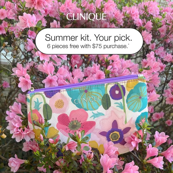 This ad for Clinique offers a free six-piece summer kit with a $75 purchase. The ad features a makeup bag with a floral 