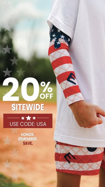 This image ad features a person wearing apparel in the style of the American flag. The ad includes a promotion of 20% of
