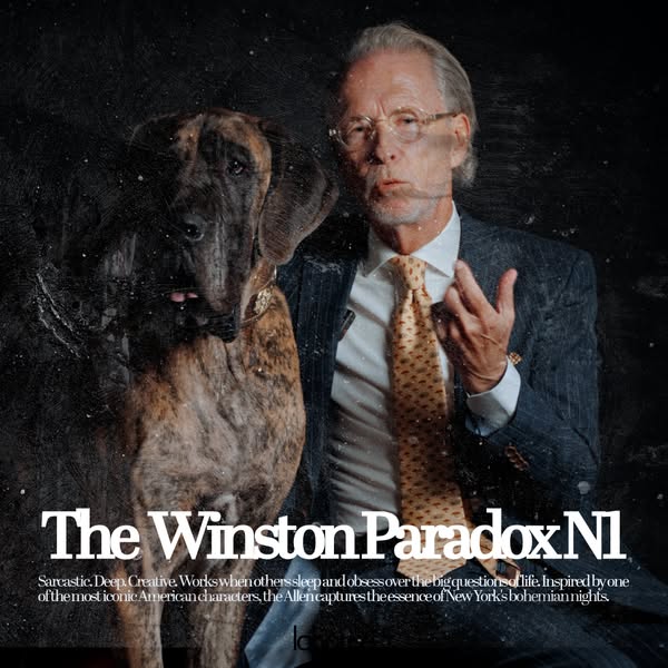 This image ad features a portrait of a man in a suit with a Great Dane dog. The ad uses the headline "The Winston P