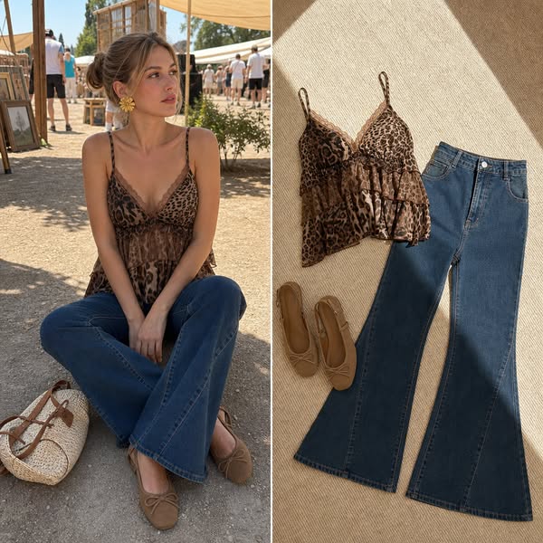 This image ad features a split screen with a model wearing the advertised clothing on the left, and a product flatlay on