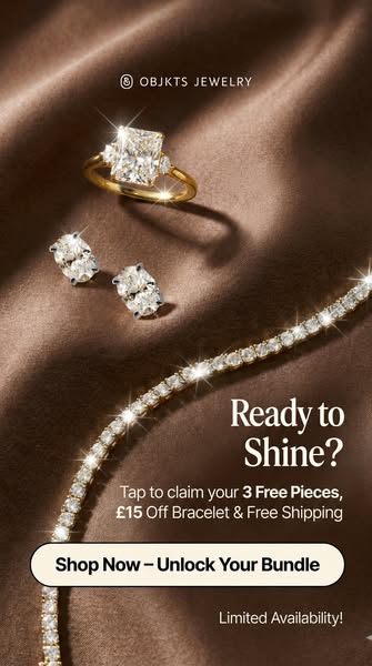 An ad for Objkts Jewelry that is showcasing a ring, pair of earrings and bracelet. The ad contains an offer of three fre