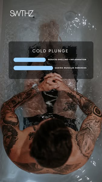 The ad is an overhead shot of a man in a cold plunge, with text that calls out two of the benefits of cold plunging. 