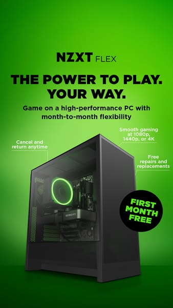 This image ad for NZXT FLEX promotes the benefits of using its high-performance PC with month-to-month flexibility. The 