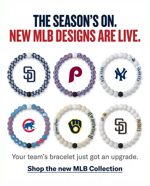 The ad is for Lokai bracelets featuring MLB designs. The ad highlights the new collection and encourages viewers to shop