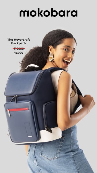 This image ad features a woman wearing the Mokobara Hovercraft Backpack, which is currently on sale. The woman is lookin