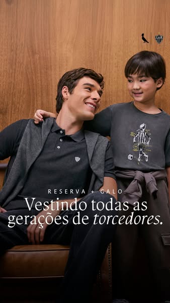 An ad featuring an adult male and a child wearing clothing from Reserva + Galo, with the message of 'dressing all ge