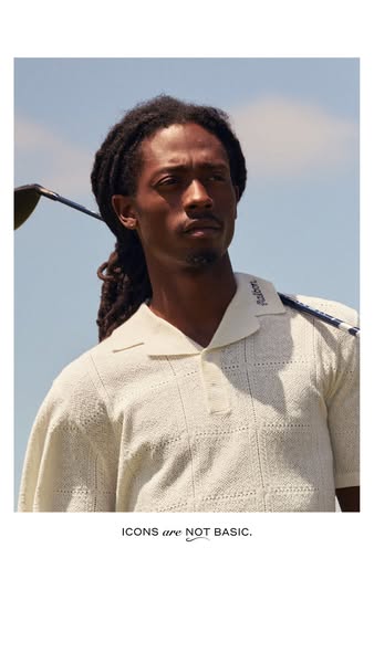 This ad features a photograph of a man wearing a polo shirt with a golf club over his shoulder. The polo shirt is being 