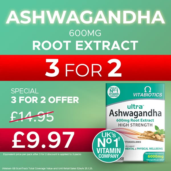 This ad promotes Vitabiotics Ultra Ashwagandha tablets, highlighting a special 3 for 2 offer. The ad emphasizes the prod