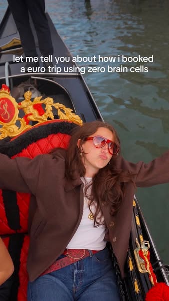 An image ad in a vertical format showing a woman sitting in a gondola in Venice. A caption says she booked a European tr