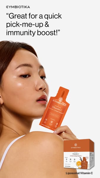 This ad features a woman holding a Symbiotika Liposomal Vitamin C packet. The ad highlights the product's ability to