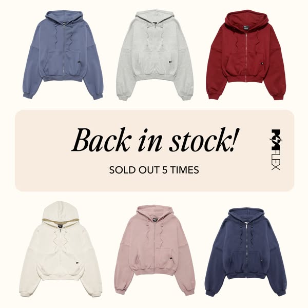 This ad features a grid of six different colored hoodies. The text overlay states that the hoodies are back in stock and