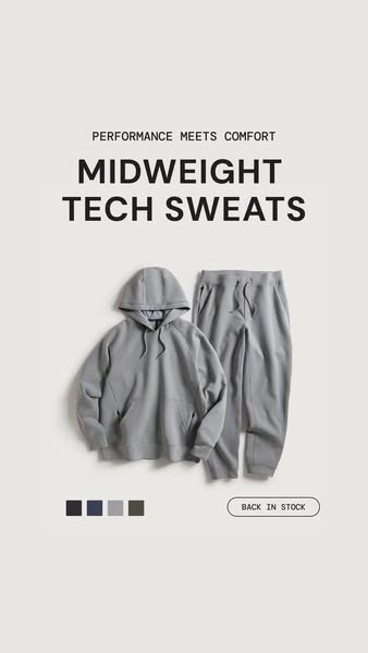 Ad showcasing a set of gray-colored midweight tech sweats and a matching hoodie. The text emphasizes a blend of performa
