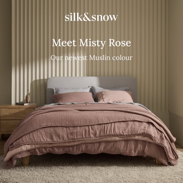 This is an image ad for silk&snow, showcasing their new muslin color, "Misty Rose." The ad features a beau