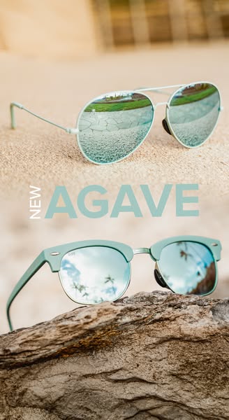 This ad showcases two new pairs of sunglasses from the brand DIFF. Both pairs of sunglasses are light teal in color with