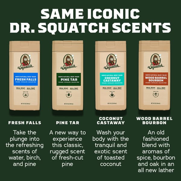 This image ad showcases four different scents of Dr. Squatch men's natural body wash: Fresh Falls, Pine Tar, Coconut