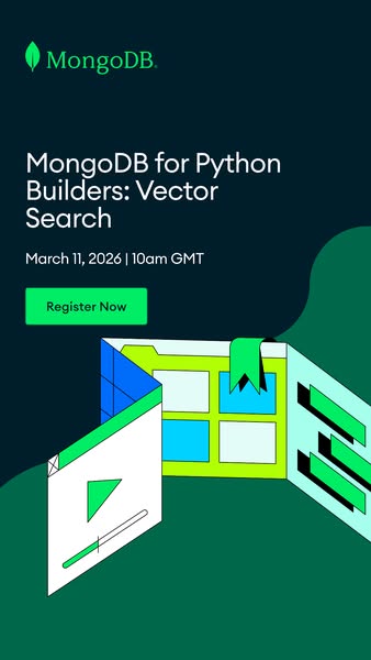 This image promotes a MongoDB webinar for Python builders on vector search, scheduled for March 11, 2026. It features a 