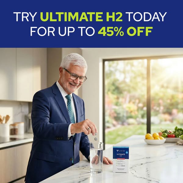 An image ad for Ultimate H2 hydrogen tablets. It features a man dropping one of the tablets into a glass of water.