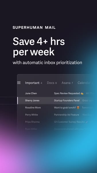 The ad promotes Superhuman Mail. It shows the claim that Superhuman Mail helps users save 4+ hours per week by automatic