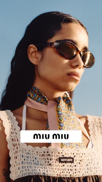 This ad features a person wearing Miu Miu sunglasses, accessorized with a scarf and crochet top, against a clear blue sk