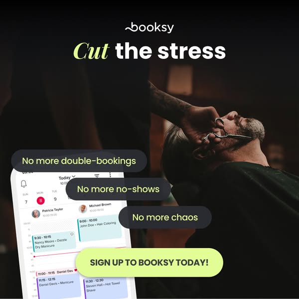The Booksy image ad focuses on solving common frustrations with appointment management, like double-bookings, no-shows, 