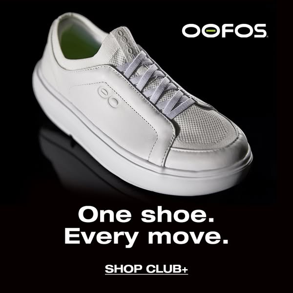 This ad features a single OOFOS shoe with the headline 'One shoe. Every move.' It highlights the OOFOS brand and