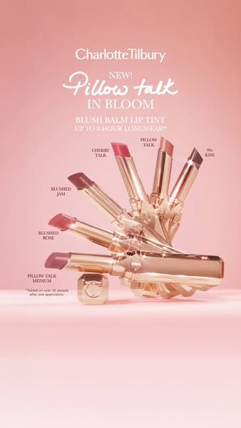 This ad for Charlotte Tilbury Pillow Talk blush balm lip tint uses a clean product-focused image to highlight the new sh