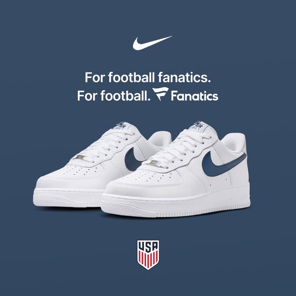 This ad features two white Nike Air Force 1 sneakers against a blue background, targeting football fans. The ad emphasiz